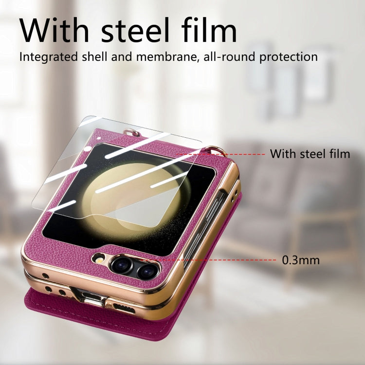 For Samsung Galaxy Z Flip5 5G Crossbody Electroplated Case-film Integrated Wallet Phone Case(Purple) - Galaxy Z Flip5 Cases by buy2fix | Online Shopping UK | buy2fix