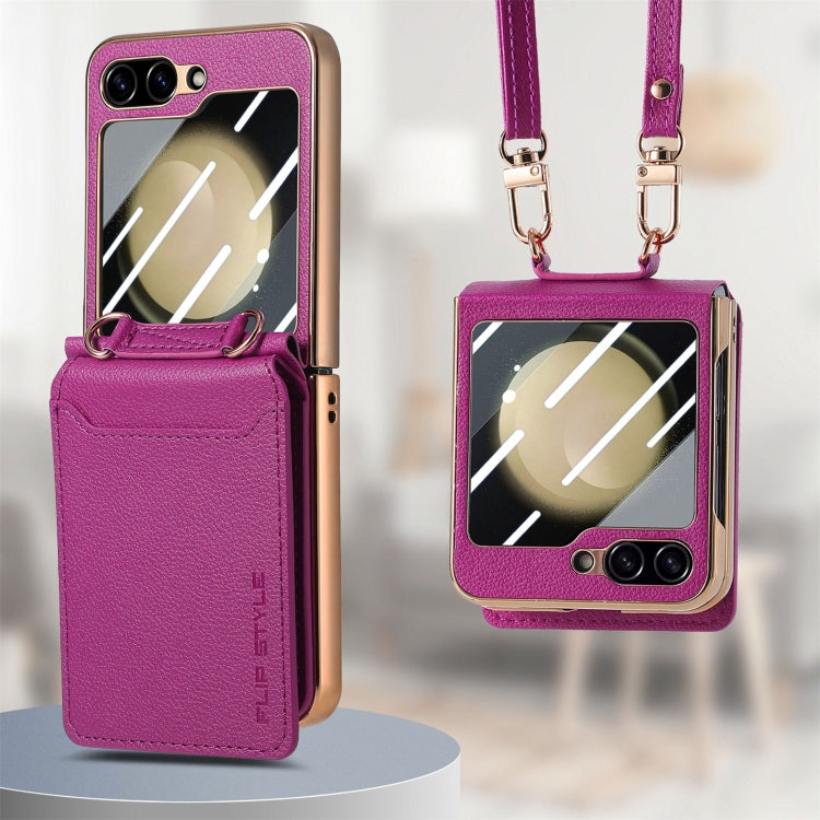 For Samsung Galaxy Z Flip5 5G Crossbody Electroplated Case-film Integrated Wallet Phone Case(Purple) - Galaxy Z Flip5 Cases by buy2fix | Online Shopping UK | buy2fix