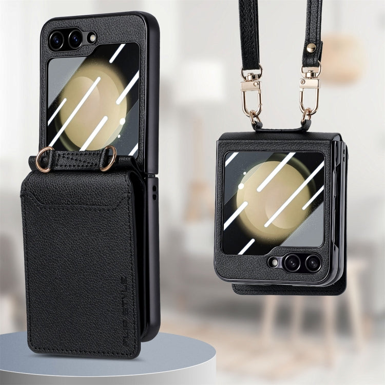 For Samsung Galaxy Z Flip5 5G Crossbody Electroplated Case-film Integrated Wallet Phone Case(Black) - Galaxy Z Flip5 Cases by buy2fix | Online Shopping UK | buy2fix