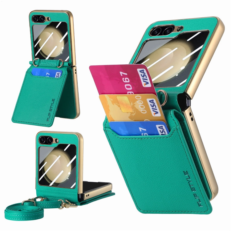For Samsung Galaxy Z Flip5 5G Crossbody Electroplated Case-film Integrated Wallet Phone Case(Green) - Galaxy Z Flip5 Cases by buy2fix | Online Shopping UK | buy2fix