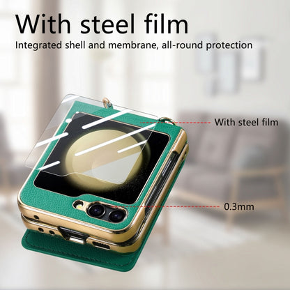 For Samsung Galaxy Z Flip5 5G Crossbody Electroplated Case-film Integrated Wallet Phone Case(Green) - Galaxy Z Flip5 Cases by buy2fix | Online Shopping UK | buy2fix