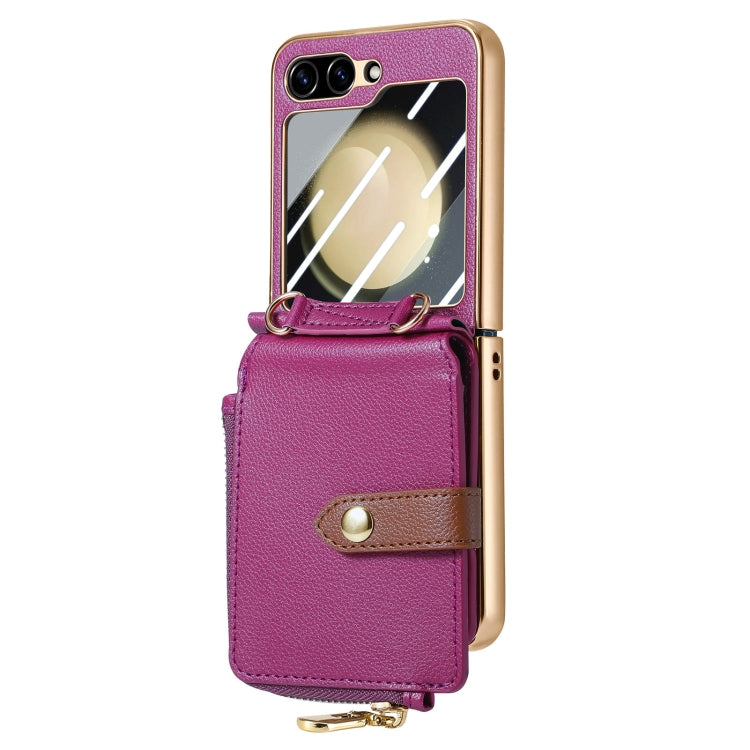 For Samsung Galaxy Z Flip5 5G Crossbody Litchi Electroplated Case-film Integrated Zipper Wallet Phone Case(Purple) - Galaxy Z Flip5 Cases by buy2fix | Online Shopping UK | buy2fix