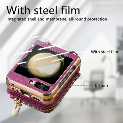 For Samsung Galaxy Z Flip5 5G Crossbody Litchi Electroplated Case-film Integrated Zipper Wallet Phone Case(Purple) - Galaxy Z Flip5 Cases by buy2fix | Online Shopping UK | buy2fix