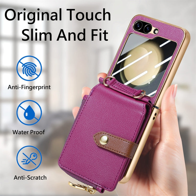 For Samsung Galaxy Z Flip5 5G Crossbody Litchi Electroplated Case-film Integrated Zipper Wallet Phone Case(Purple) - Galaxy Z Flip5 Cases by buy2fix | Online Shopping UK | buy2fix