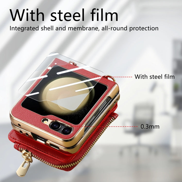 For Samsung Galaxy Z Flip5 5G Crossbody Litchi Electroplated Case-film Integrated Zipper Wallet Phone Case(Red) - Galaxy Z Flip5 Cases by buy2fix | Online Shopping UK | buy2fix