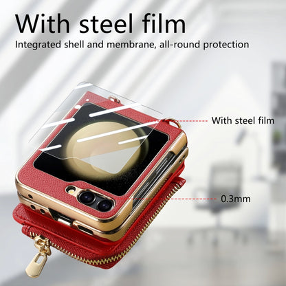 For Samsung Galaxy Z Flip5 5G Crossbody Litchi Electroplated Case-film Integrated Zipper Wallet Phone Case(Red) - Galaxy Z Flip5 Cases by buy2fix | Online Shopping UK | buy2fix