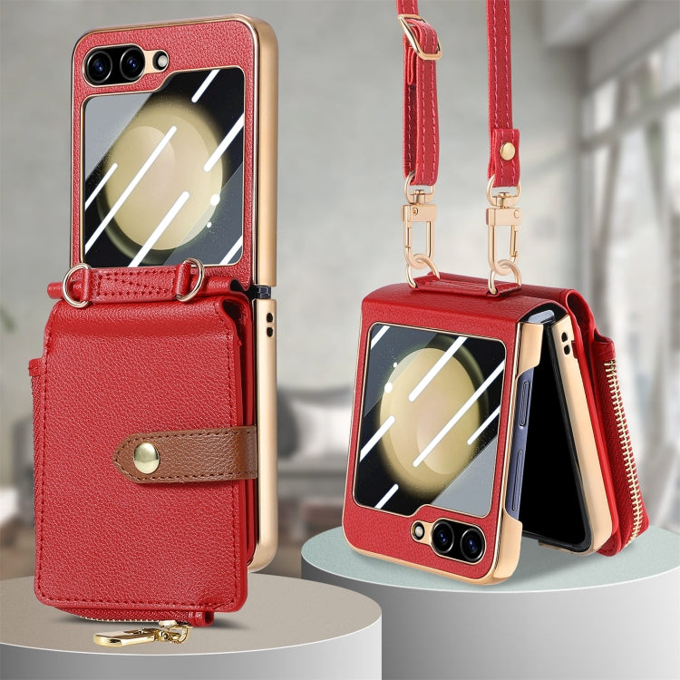 For Samsung Galaxy Z Flip5 5G Crossbody Litchi Electroplated Case-film Integrated Zipper Wallet Phone Case(Red) - Galaxy Z Flip5 Cases by buy2fix | Online Shopping UK | buy2fix