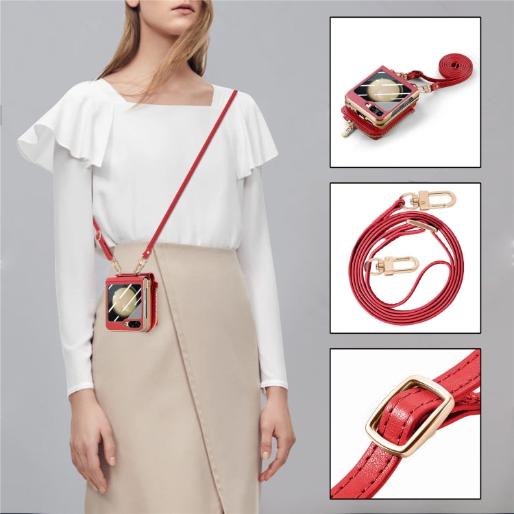 For Samsung Galaxy Z Flip5 5G Crossbody Litchi Electroplated Case-film Integrated Zipper Wallet Phone Case(Red) - Galaxy Z Flip5 Cases by buy2fix | Online Shopping UK | buy2fix