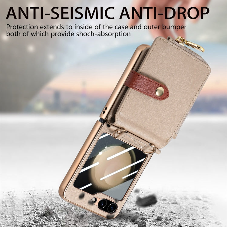 For Samsung Galaxy Z Flip5 5G Crossbody Litchi Electroplated Case-film Integrated Zipper Wallet Phone Case(Khaki) - Galaxy Z Flip5 Cases by buy2fix | Online Shopping UK | buy2fix