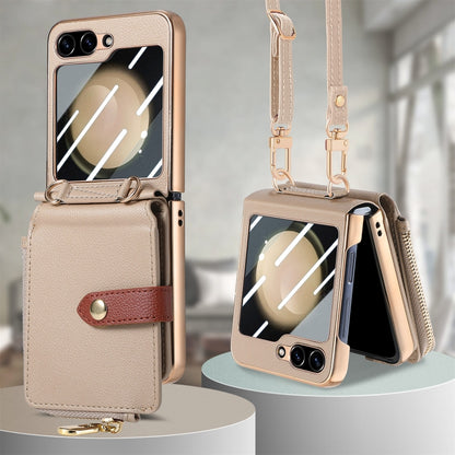 For Samsung Galaxy Z Flip5 5G Crossbody Litchi Electroplated Case-film Integrated Zipper Wallet Phone Case(Khaki) - Galaxy Z Flip5 Cases by buy2fix | Online Shopping UK | buy2fix