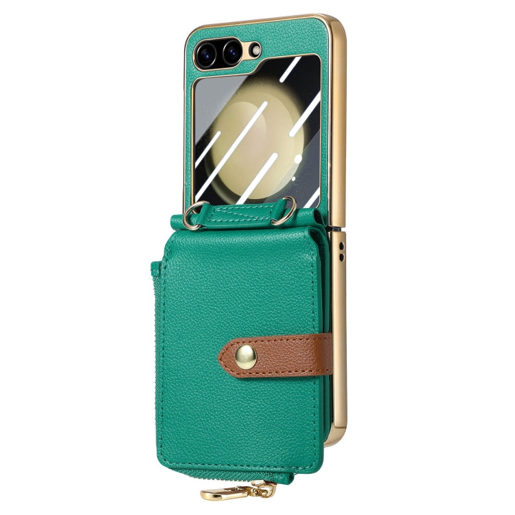 For Samsung Galaxy Z Flip5 5G Crossbody Litchi Electroplated Case-film Integrated Zipper Wallet Phone Case(Green) - Galaxy Z Flip5 Cases by buy2fix | Online Shopping UK | buy2fix
