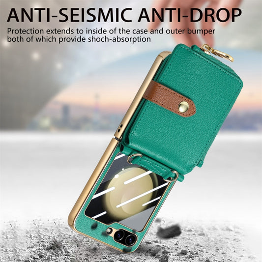 For Samsung Galaxy Z Flip5 5G Crossbody Litchi Electroplated Case-film Integrated Zipper Wallet Phone Case(Green) - Galaxy Z Flip5 Cases by buy2fix | Online Shopping UK | buy2fix
