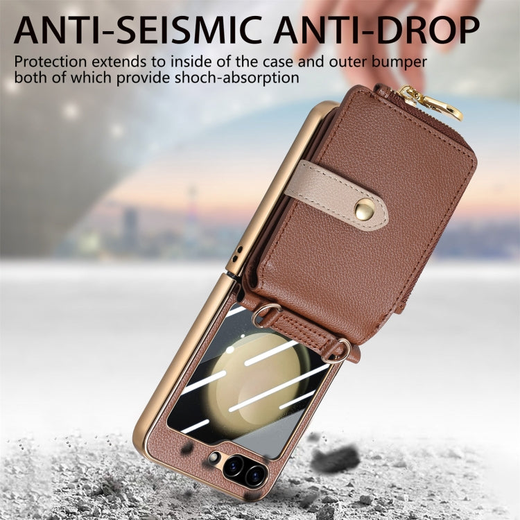 For Samsung Galaxy Z Flip5 5G Crossbody Litchi Electroplated Case-film Integrated Zipper Wallet Phone Case(Brown) - Galaxy Z Flip5 Cases by buy2fix | Online Shopping UK | buy2fix