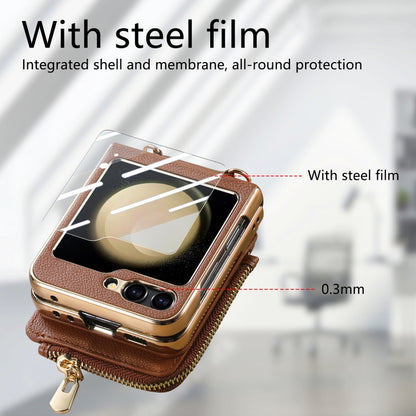 For Samsung Galaxy Z Flip5 5G Crossbody Litchi Electroplated Case-film Integrated Zipper Wallet Phone Case(Brown) - Galaxy Z Flip5 Cases by buy2fix | Online Shopping UK | buy2fix