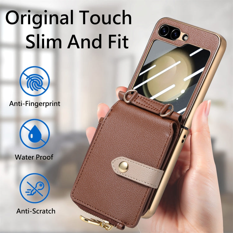 For Samsung Galaxy Z Flip5 5G Crossbody Litchi Electroplated Case-film Integrated Zipper Wallet Phone Case(Brown) - Galaxy Z Flip5 Cases by buy2fix | Online Shopping UK | buy2fix