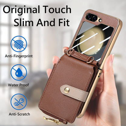 For Samsung Galaxy Z Flip5 5G Crossbody Litchi Electroplated Case-film Integrated Zipper Wallet Phone Case(Brown) - Galaxy Z Flip5 Cases by buy2fix | Online Shopping UK | buy2fix