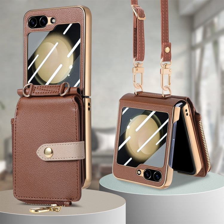 For Samsung Galaxy Z Flip5 5G Crossbody Litchi Electroplated Case-film Integrated Zipper Wallet Phone Case(Brown) - Galaxy Z Flip5 Cases by buy2fix | Online Shopping UK | buy2fix