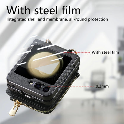 For Samsung Galaxy Z Flip5 5G Crossbody Litchi Electroplated Case-film Integrated Zipper Wallet Phone Case(Black) - Galaxy Z Flip5 Cases by buy2fix | Online Shopping UK | buy2fix