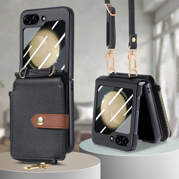 For Samsung Galaxy Z Flip5 5G Crossbody Litchi Electroplated Case-film Integrated Zipper Wallet Phone Case(Black) - Galaxy Z Flip5 Cases by buy2fix | Online Shopping UK | buy2fix