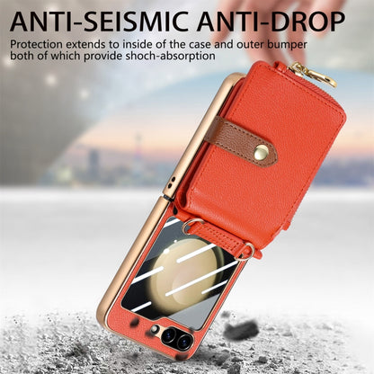 For Samsung Galaxy Z Flip5 5G Crossbody Litchi Electroplated Case-film Integrated Zipper Wallet Phone Case(Orange) - Galaxy Z Flip5 Cases by buy2fix | Online Shopping UK | buy2fix
