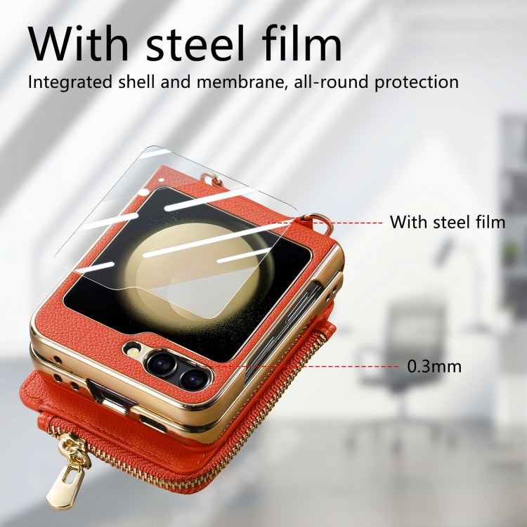 For Samsung Galaxy Z Flip5 5G Crossbody Litchi Electroplated Case-film Integrated Zipper Wallet Phone Case(Orange) - Galaxy Z Flip5 Cases by buy2fix | Online Shopping UK | buy2fix