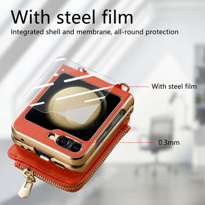 For Samsung Galaxy Z Flip5 5G Crossbody Litchi Electroplated Case-film Integrated Zipper Wallet Phone Case(Orange) - Galaxy Z Flip5 Cases by buy2fix | Online Shopping UK | buy2fix