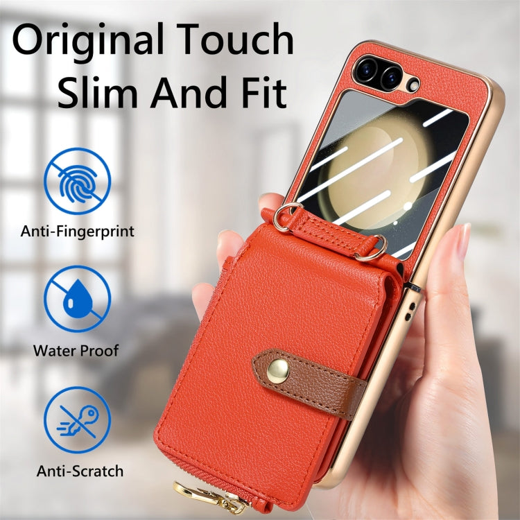 For Samsung Galaxy Z Flip5 5G Crossbody Litchi Electroplated Case-film Integrated Zipper Wallet Phone Case(Orange) - Galaxy Z Flip5 Cases by buy2fix | Online Shopping UK | buy2fix