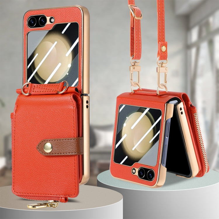 For Samsung Galaxy Z Flip5 5G Crossbody Litchi Electroplated Case-film Integrated Zipper Wallet Phone Case(Orange) - Galaxy Z Flip5 Cases by buy2fix | Online Shopping UK | buy2fix