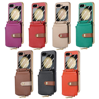 For Samsung Galaxy Z Flip5 5G Crossbody Litchi Electroplated Case-film Integrated Zipper Wallet Phone Case(Brown) - Galaxy Z Flip5 Cases by buy2fix | Online Shopping UK | buy2fix