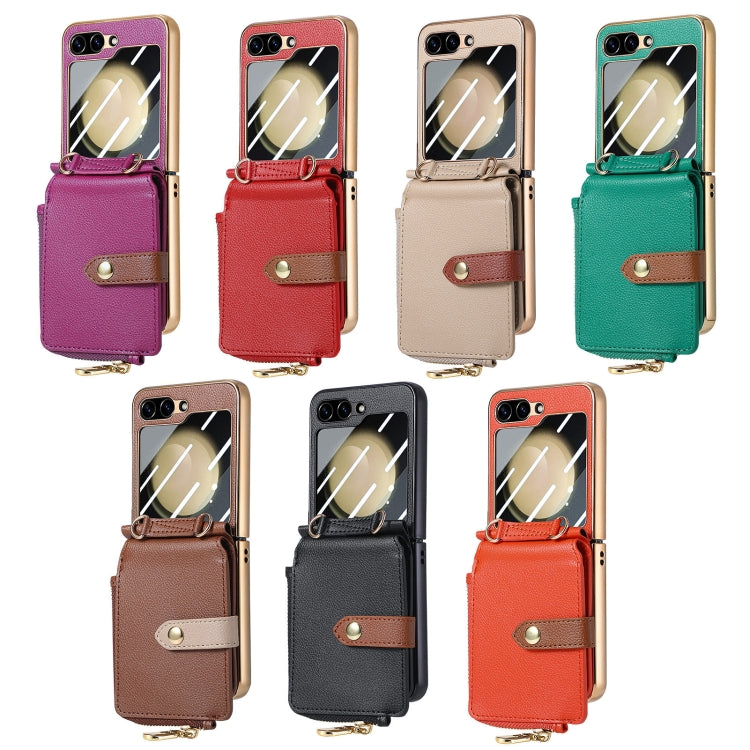 For Samsung Galaxy Z Flip5 5G Crossbody Litchi Electroplated Case-film Integrated Zipper Wallet Phone Case(Orange) - Galaxy Z Flip5 Cases by buy2fix | Online Shopping UK | buy2fix