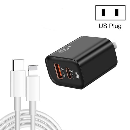 45PQ 45W PD25W + QC3.0 20W USB Super Fast Charger with Type-C to 8 Pin Cable, US Plug(Black) by buy2fix