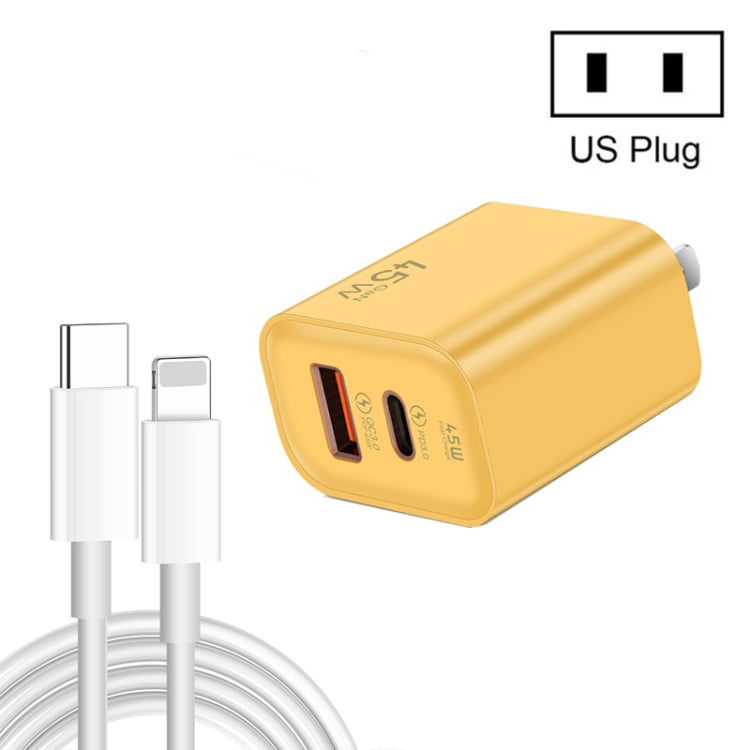 45PQ 45W PD25W + QC3.0 20W USB Super Fast Charger with Type-C to 8 Pin Cable, US Plug(Yellow) by buy2fix