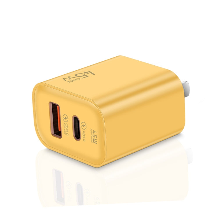 45PQ 45W PD25W + QC3.0 20W USB Super Fast Charger with Type-C to 8 Pin Cable, US Plug(Yellow) by buy2fix