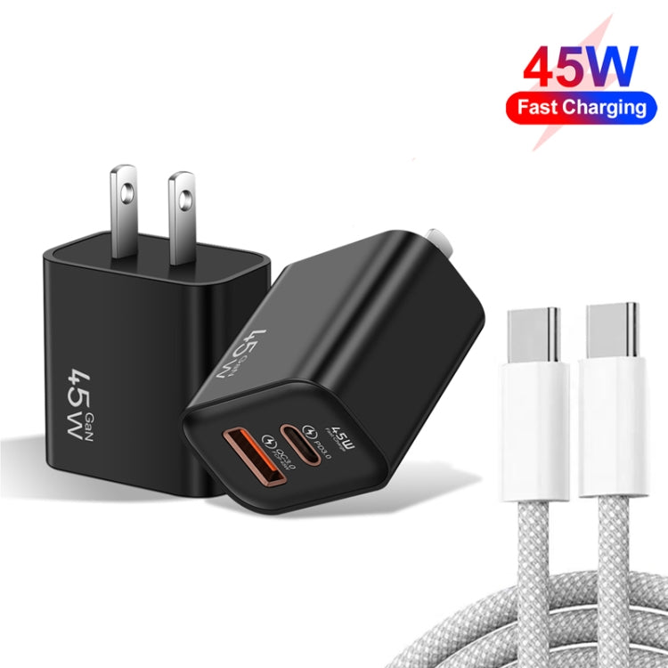 45PQ 45W PD25W + QC3.0 20W USB Super Fast Charger with Type-C to Type-C Cable, US Plug(Black) by buy2fix