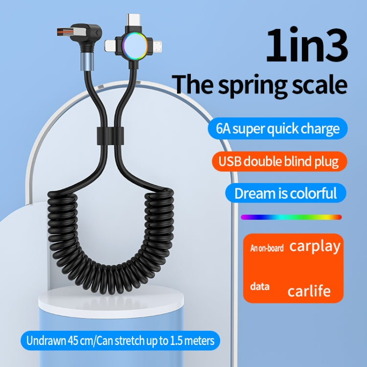 66W 3 in 1 USB to 8 Pin + Micro USB + USB-C / Type-C Fast Charging Elbow Spring Cable(Black) by buy2fix