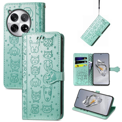 For OnePlus 12 Cat and Dog Embossed Leather Phone Case(Green) - OnePlus Cases by buy2fix | Online Shopping UK | buy2fix