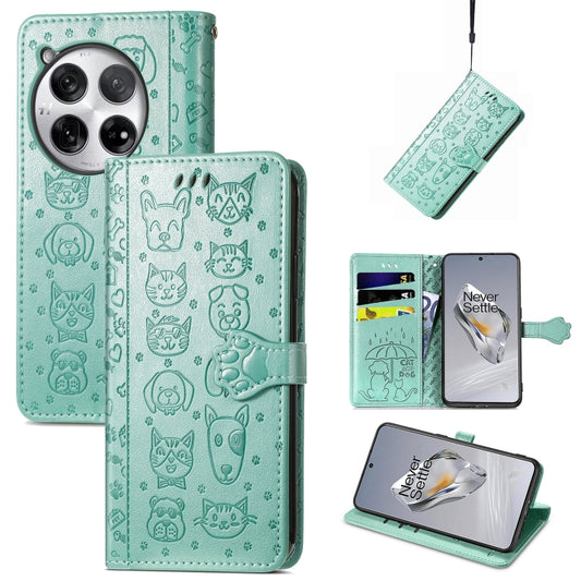 For OnePlus 12 Cat and Dog Embossed Leather Phone Case(Green) - OnePlus Cases by buy2fix | Online Shopping UK | buy2fix