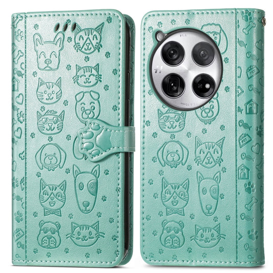 For OnePlus 12 Cat and Dog Embossed Leather Phone Case(Green) - OnePlus Cases by buy2fix | Online Shopping UK | buy2fix