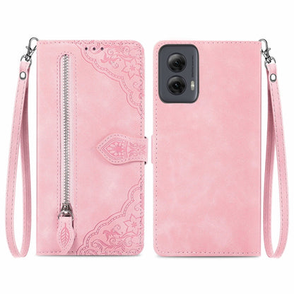 For Motorola Moto G Power 5G 2024 Embossed Flower Zipper Leather Phone Case(Pink) by buy2fix