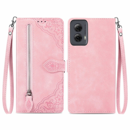 For Motorola Moto G Power 5G 2024 Embossed Flower Zipper Leather Phone Case(Pink) by buy2fix