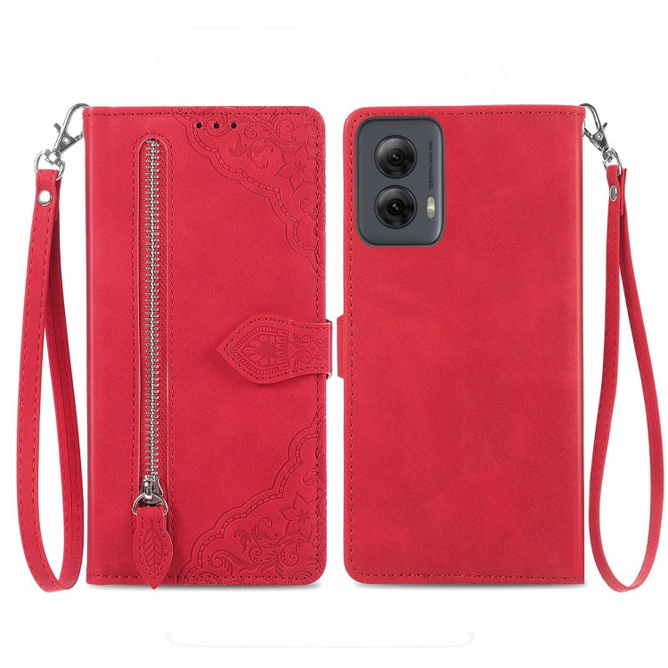 For Motorola Moto G Power 5G 2024 Embossed Flower Zipper Leather Phone Case(Red) by buy2fix