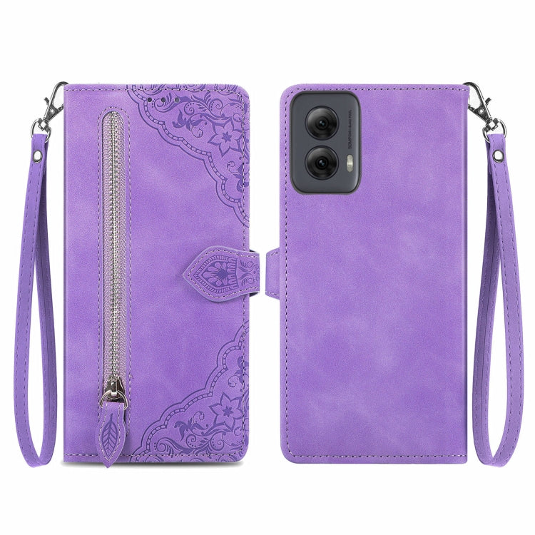 For Motorola Moto G Power 5G 2024 Embossed Flower Zipper Leather Phone Case(Purple) by buy2fix