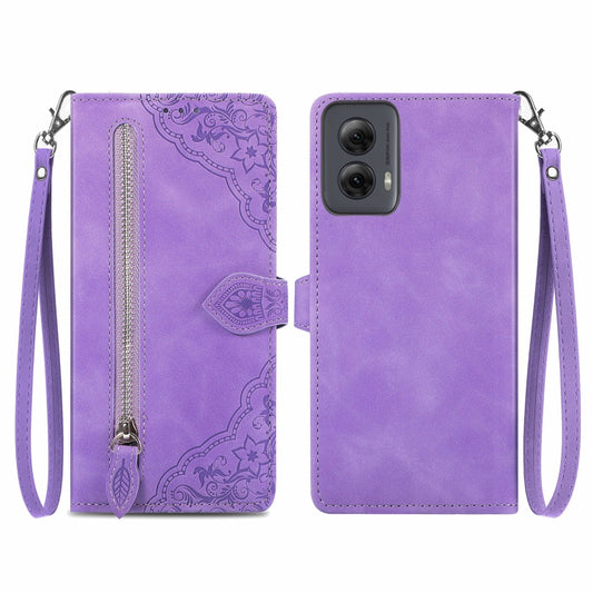 For Motorola Moto G Power 5G 2024 Embossed Flower Zipper Leather Phone Case(Purple) by buy2fix