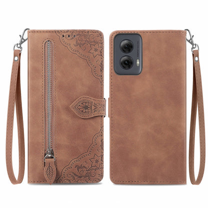 For Motorola Moto G Power 5G 2024 Embossed Flower Zipper Leather Phone Case(Brown) by buy2fix