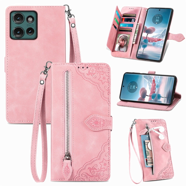 For Motorola Edge 2024 Embossed Flower Zipper Leather Phone Case(Pink) by buy2fix