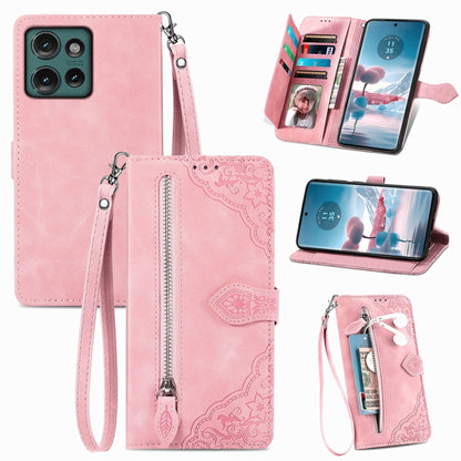 For Motorola Edge 2024 Embossed Flower Zipper Leather Phone Case(Pink) by buy2fix