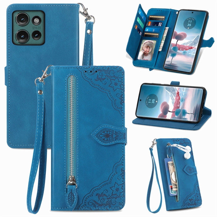 For Motorola Edge 2024 Embossed Flower Zipper Leather Phone Case(Blue) by buy2fix