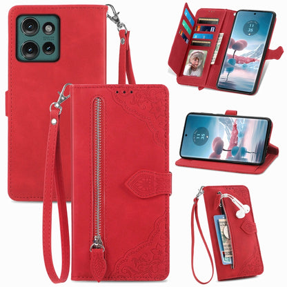 For Motorola Edge 2024 Embossed Flower Zipper Leather Phone Case(Red) by buy2fix