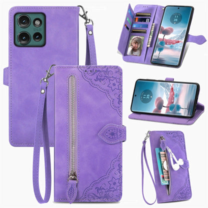For Motorola Edge 2024 Embossed Flower Zipper Leather Phone Case(Purple) by buy2fix