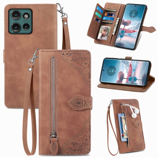 For Motorola Edge 2024 Embossed Flower Zipper Leather Phone Case(Brown) by buy2fix